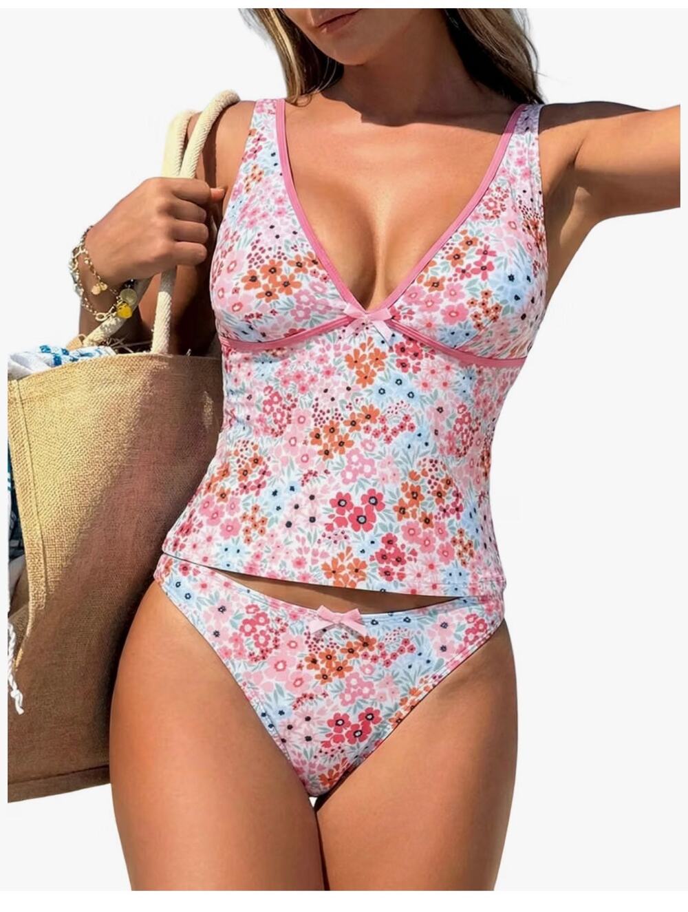 ZAFUL Tankini Swimsuits Tummy Control Bow Two Piece Bathing Suit v Neck floral